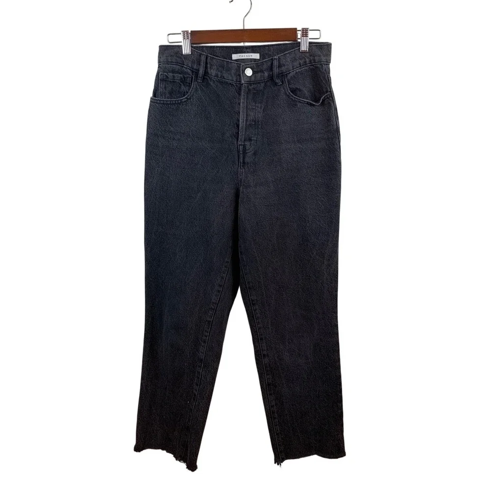 PacSun High Rise Straight Leg Jeans Womens 28 Black Frayed Hem Button Fly Denim‎